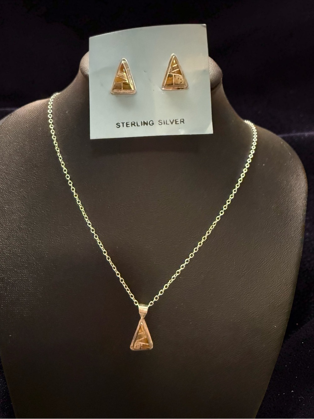 Sterling Silver Brown Triangle Stone Pendant Necklace with Matching Studs
